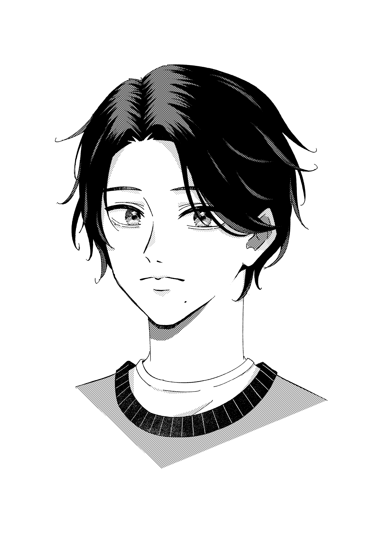 a black and white three-quarters sketch of a boy